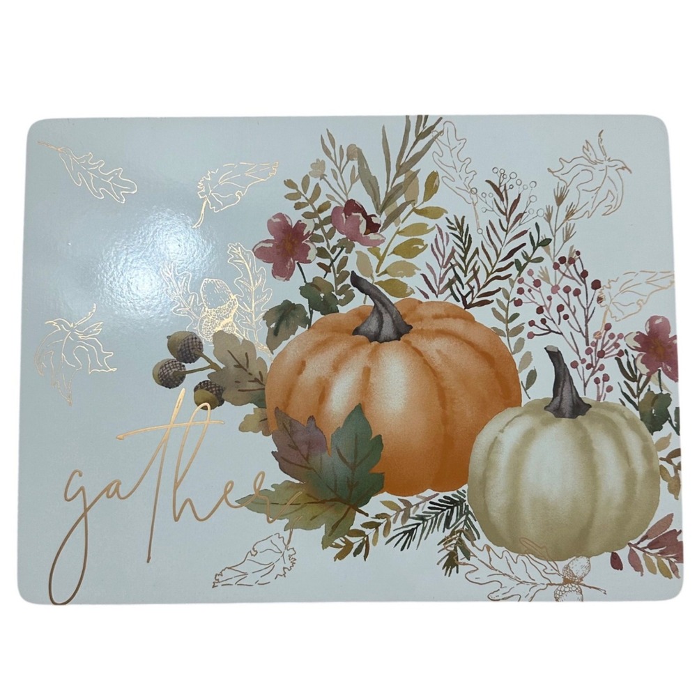 Gather Fall Pumpkin Cork Backed Placemats Set of 4 Gold Foil Autumn Harvest NWOT